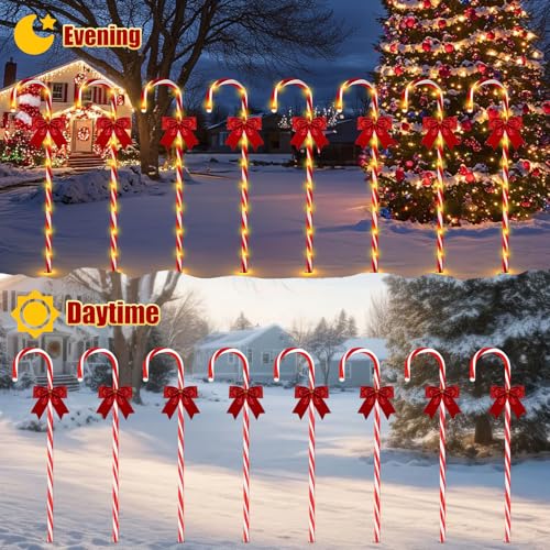 Christmas Solar Candy Cane Pathway Lights, 24PCS 240LED Outdoor Decorations with Red Bow Waterproof E437