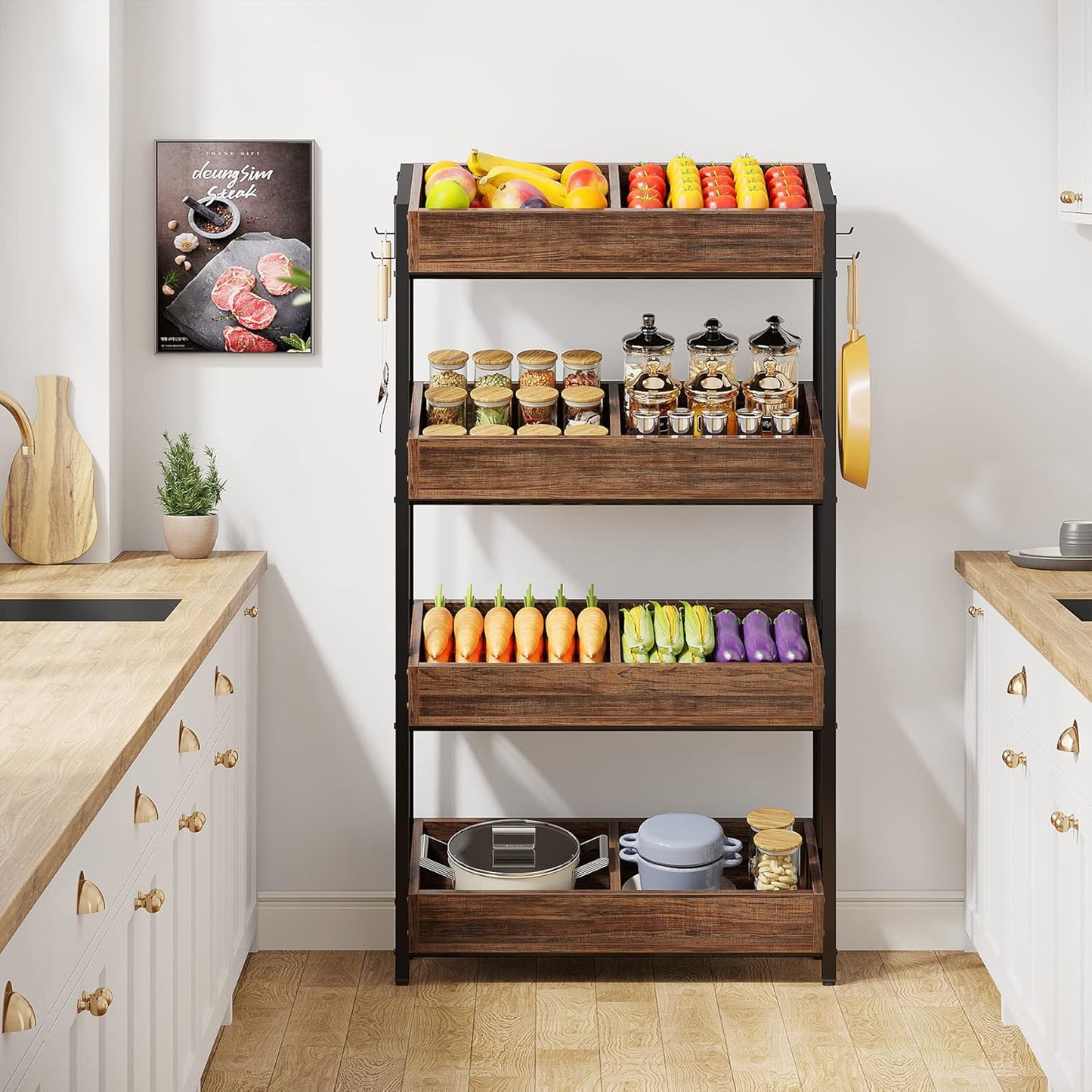 4-Tier Wood Fruit Vegetable Storage Basket Stand, Versatile Utility Shelf Rack E4294
