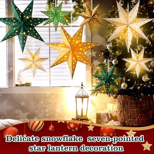 12 Pcs Christmas Paper Star Lantern 9 Point Hanging Ornament with String Light H44991