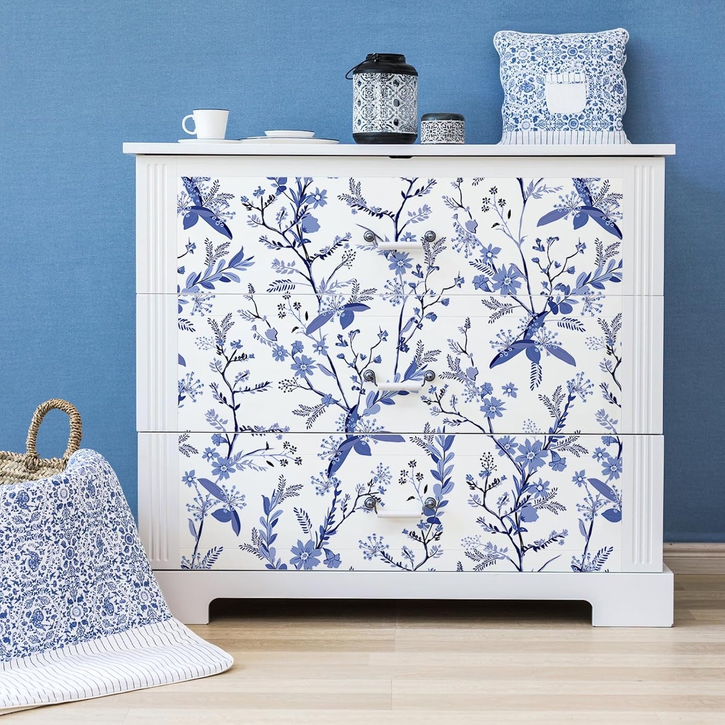 Blue Botanical Floral Peel and Stick Wallpaper for Bedroom Walls Z983187