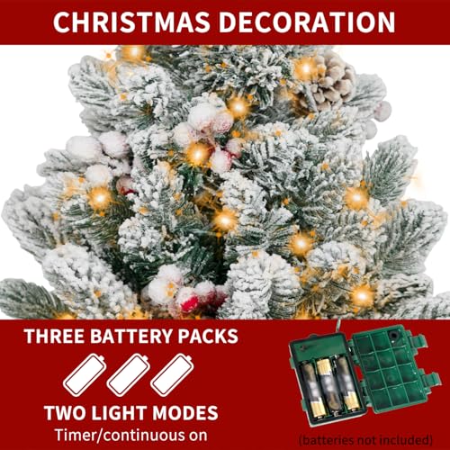 Flocked Artificial Mini Christmas Tree with Lights, Tabletop Decor T336