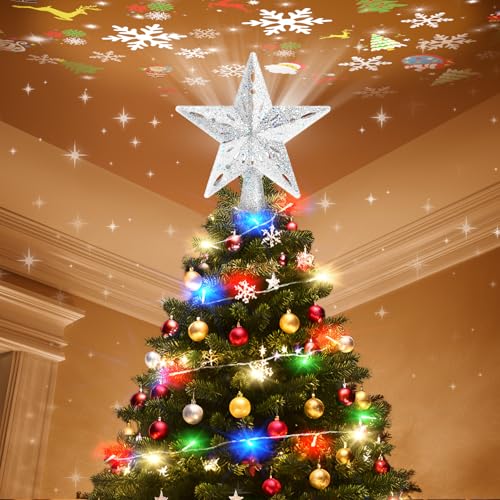 Christmas Tree Topper Lighted with 6 Projection Slides, Snowflake LED Rotating 3D Glitter Tree Topper O28849