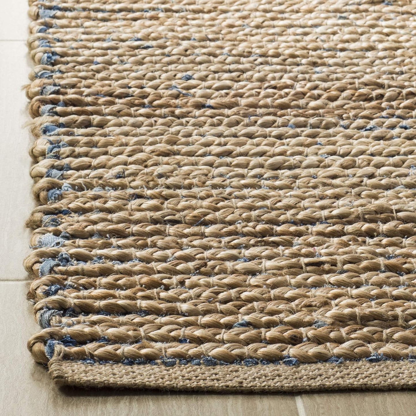 Handmade Braided Stripe Jute Accent Rug - 3' x 5', Natural & Blue D3918