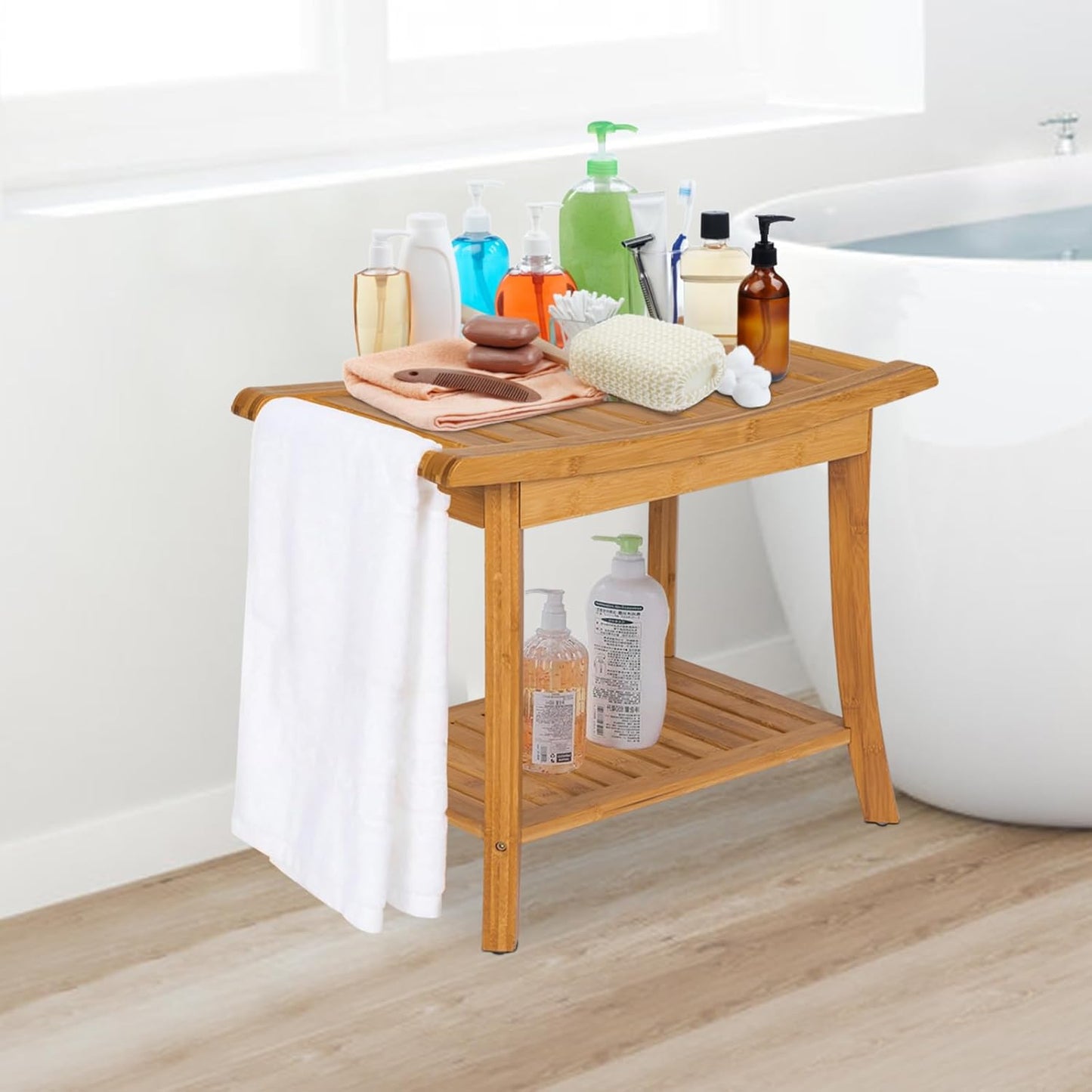 Bamboo Shower Stool with Handles and Storage Shelf X28847