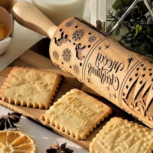 Wooden Rolling Pin for Baking with Christmas Embossed Designs, Includes Cleaning Brush O863