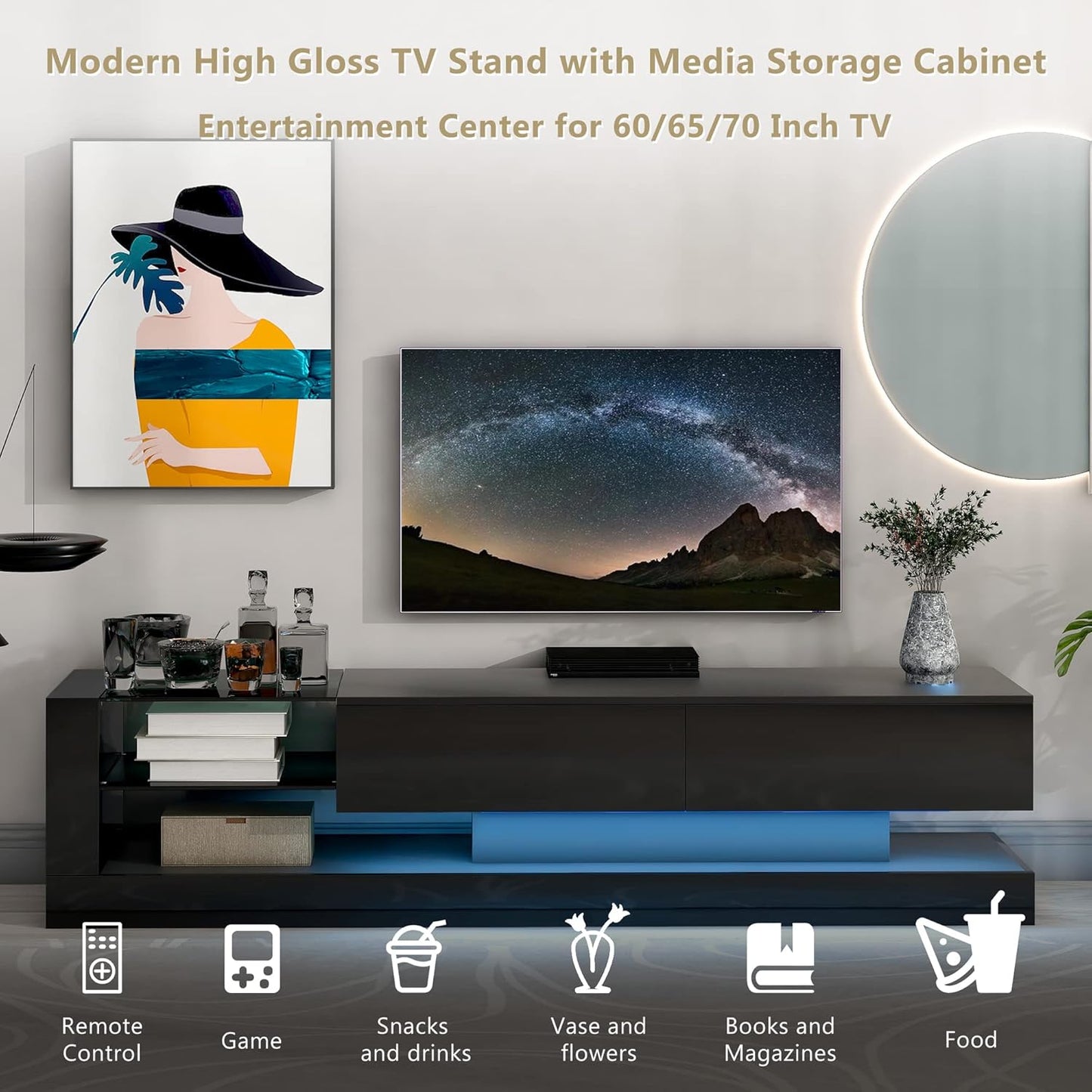 High Gloss TV Stand with LED Lights and 2 Media Storage Cabinets for 75 Inch TV, Black D626049