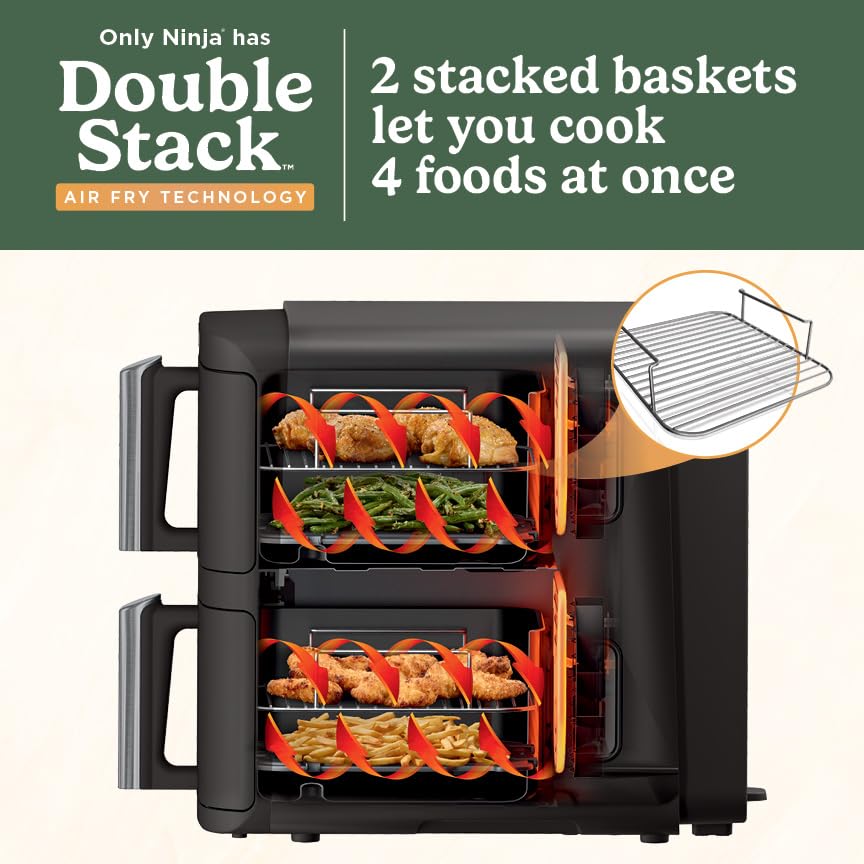 Air Fryer, 8 QT DoubleStack 2-Basket, 6-in-1, Roast & Bake, Dishwasher Safe N927