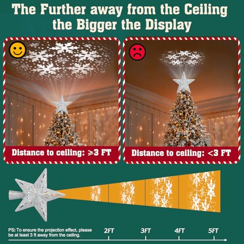 Christmas Tree Topper Lighted with 6 Projection Slides, Snowflake LED Rotating 3D Glitter Tree Topper O28849