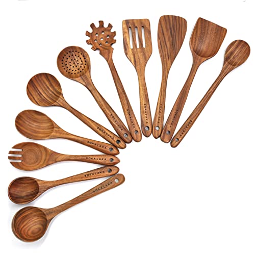 Christmas Wooden Spoons for Cooking, 10 Pcs Natural Teak Kitchen Utensils Set S557967