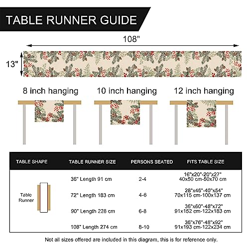 Winter Pine Cone Berry Table Runner, Watercolor Botanical Kitchen Decor, Christmas Farmhouse Dining Decoration 13 X 72 S13131