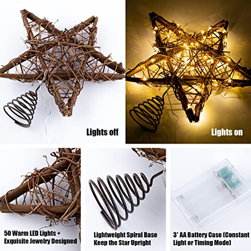 Rattan Star Christmas Tree Topper with 50 Warm LED Lights Y8171