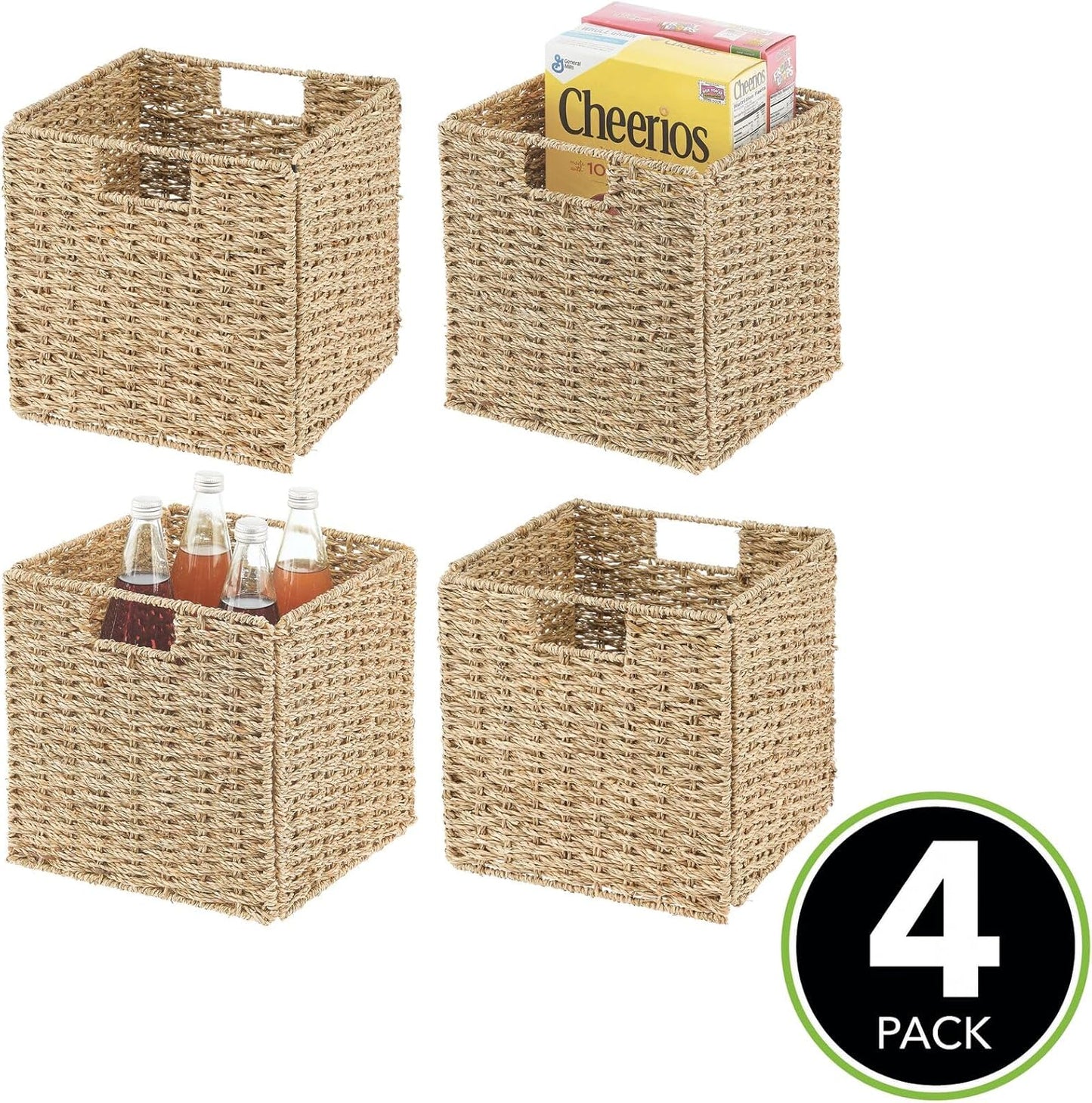 Seagrass Woven Cube Basket Organizer with Handles, 4 Pack, Natural/Tan Q244