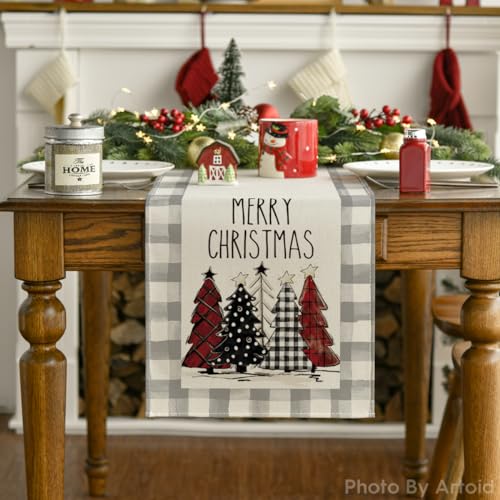 Buffalo Plaid Christmas Trees Table Runner, Winter Holiday Kitchen Dining Decor, 13 x 108 Inch A940
