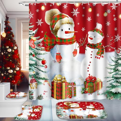 Christmas Bathroom Set with Shower Curtain, Rugs, and Hooks A88035