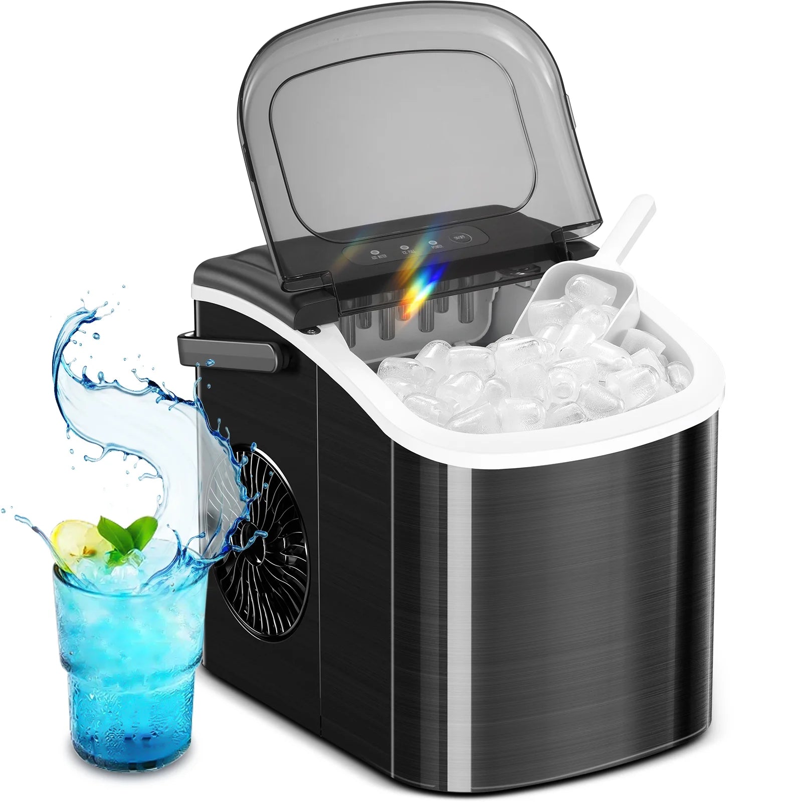 KISSAIR Portable Ice Maker Countertop, 9Pcs/8Mins, 26lbs/24H, Self-Cleaning Ice Machine with Handle for Kitchen/Office/Bar/Party, Stainless Steel Black