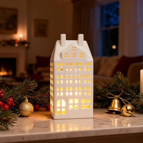 Light Up Christmas Village Set, White Ceramic House with Lights, Tabletop Decor X84474