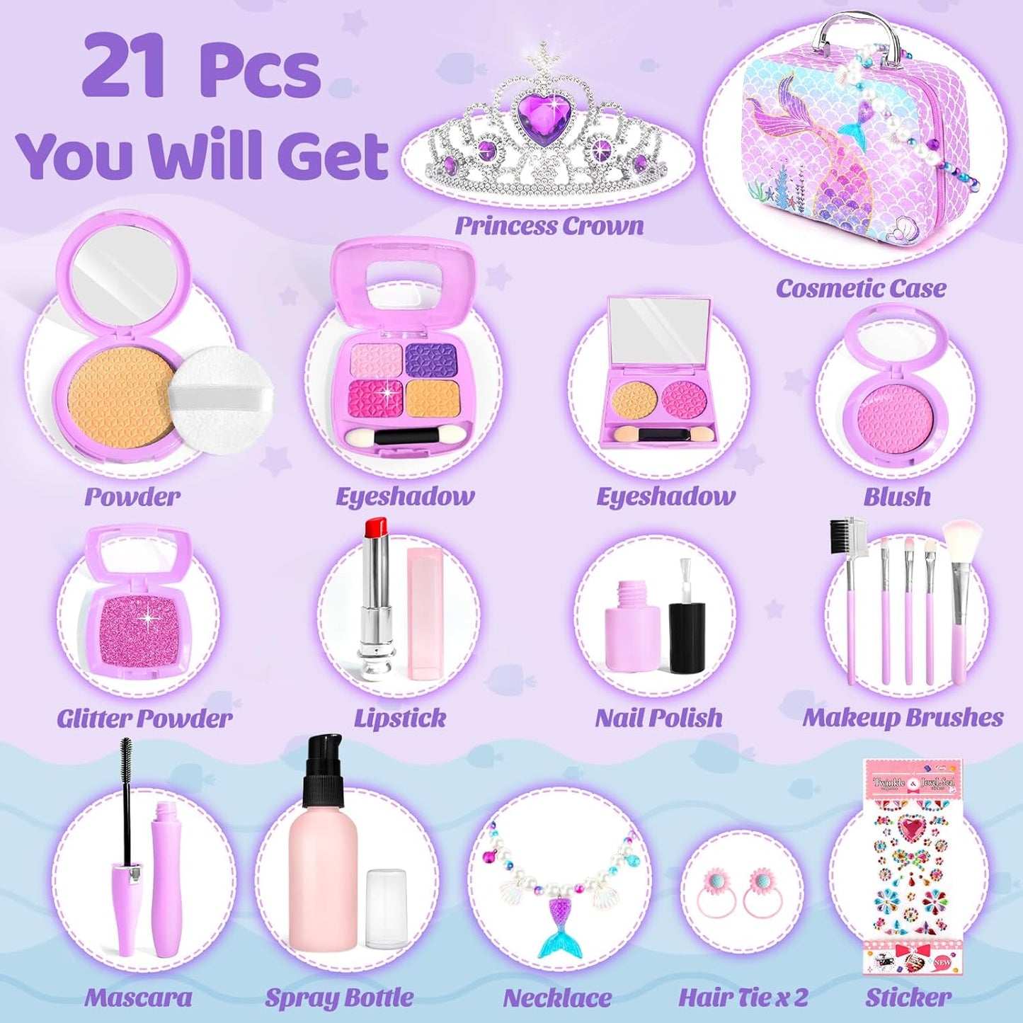 Pretend Makeup for Toddlers, Mermaid Toy Purse for Girls, Kids Makeup Kit C24410