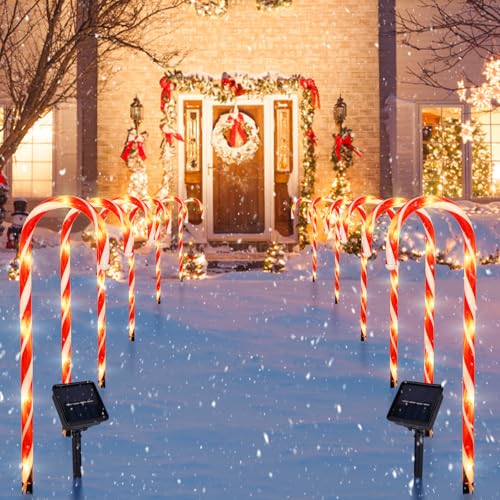 22" Candy Cane Lights Outdoor Pathway 2PK 12 PCS 8 Modes Solar Candy Cane Lights Total 15FT Christmas Pathway Light Outdoor for Xmas Yard Garden Walkway Driveway