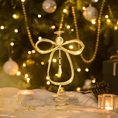 Lighted Christmas Tree Topper Angel with Timer, 10 Inch Pre-Lit Gold Metal I955