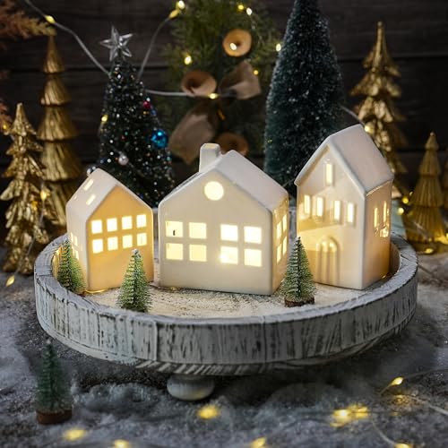 Ceramic Christmas Village Houses with LED Lights, 3 Pieces with Trees Y512