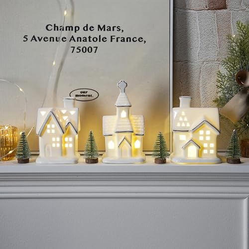 Ceramic Christmas Village Houses with LED Lights, 3 Pieces with Trees Y512