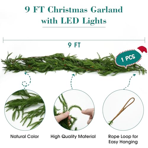 9ft Pine Garland with Lights, Artificial Greenery for Mantle Fireplace Holiday Decor E73429