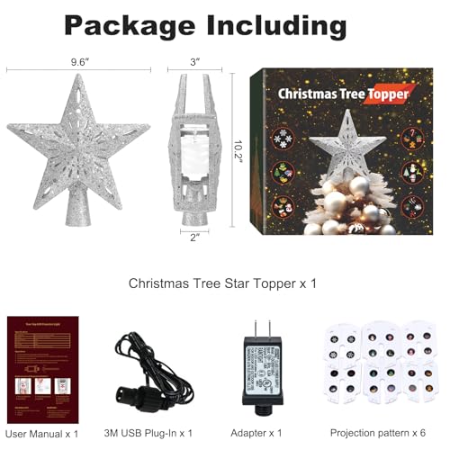Silver 3D Glitter Christmas Tree Topper with LED Rotating Lights Q176