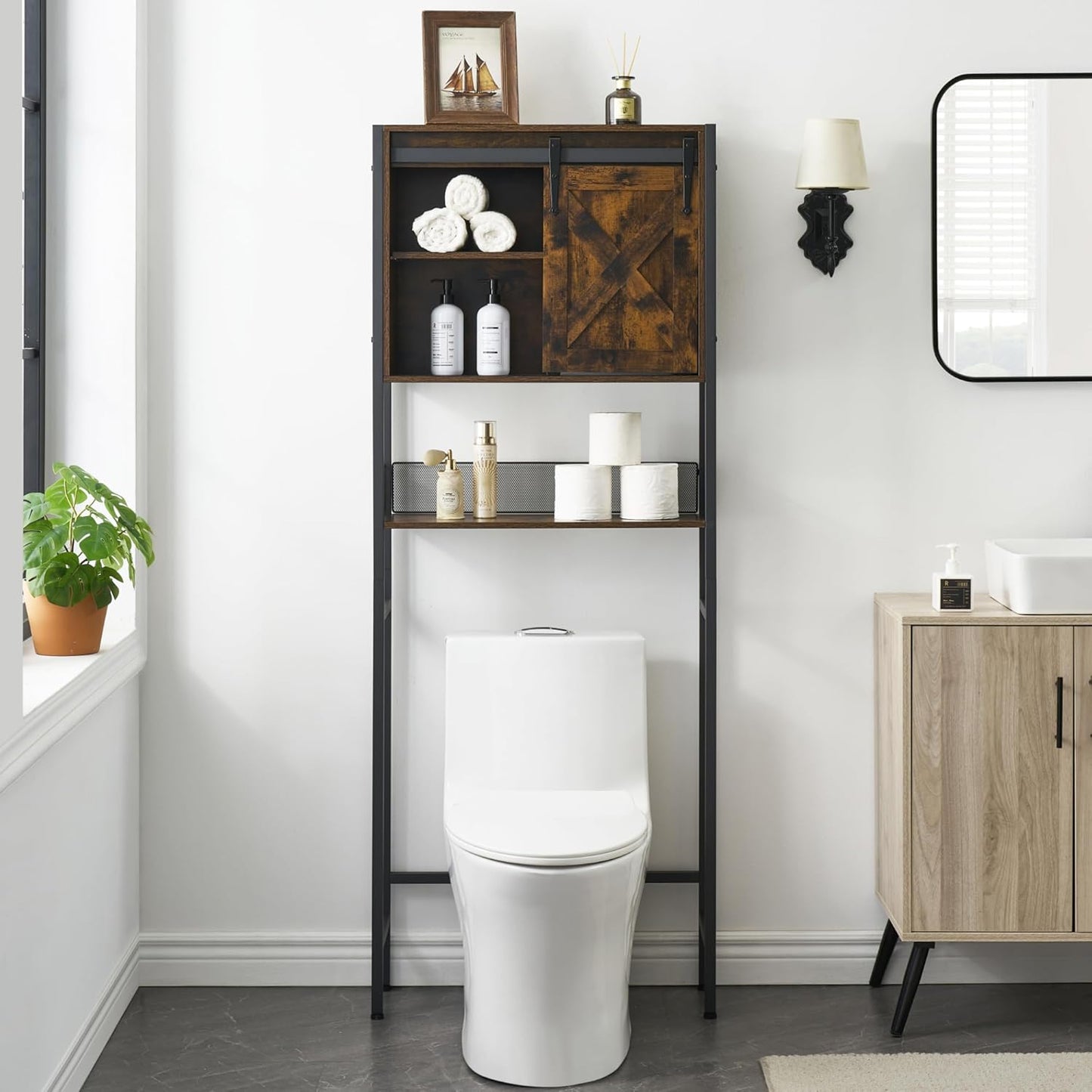 Over The Toilet Storage Cabinet with Sliding Door and Adjustable Shelf, Rustic Brown F7939