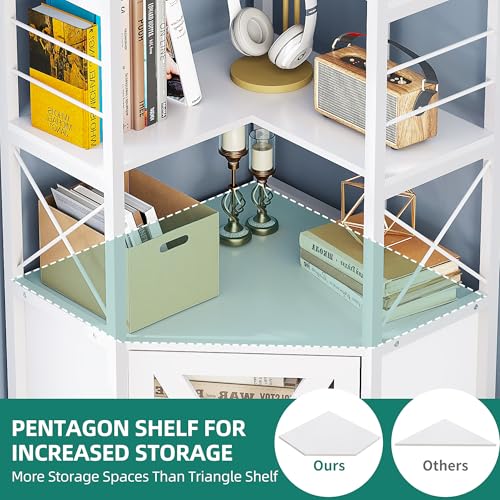 Corner Bookshelf with Storage, 7-Tier Shelf with Doors, White V9182