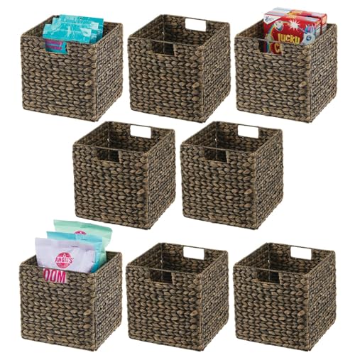 mDesign Natural Woven Hyacinth Cube Organizer Basket with Handles - Storage for Kitchen Cabinet or Pantry Shelf, Perfect for Cubby Storage Units, Holds Snacks or Small Appliances, 8 Pack, Black Wash