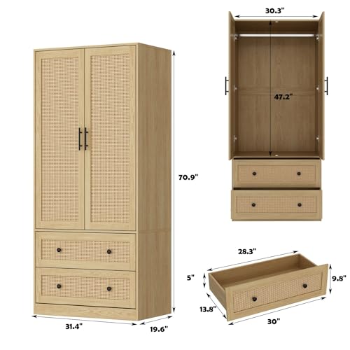Rattan Door Wardrobe Closet with 2 Drawers and Shelves, Hanging Rod H5995