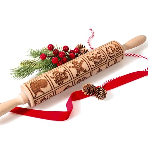 Wooden Rolling Pin for Baking with Christmas Embossed Designs, Includes Cleaning Brush O863