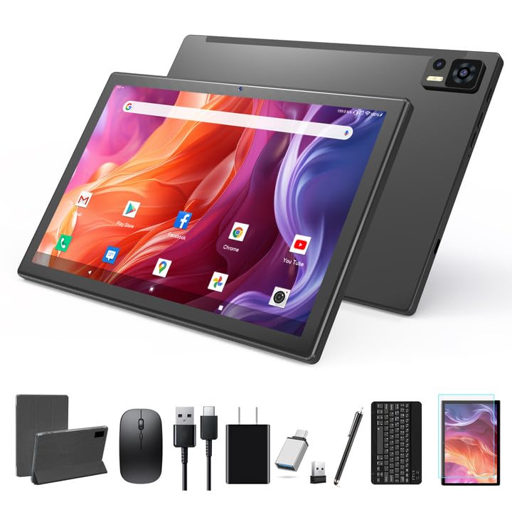 10.1 Inch Android 14 Tablet 2024 Newest Octa-Core Tablets, 64GB ROM+8(4+4)GB RAM/128GB Expandable, 13MP+5MP Dual Camera, 5G WiFi, Bluetooth, FHD IPS Screen, 2 in 1 Tablet with Keyboard, Case, Stylus