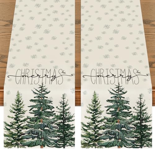 Beige Pine Tree Snowflake Christmas Table Runner, Winter Holiday Kitchen Dining Table Decor, 13 x 72 Inch Z426