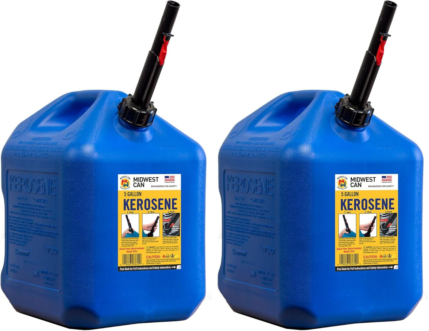 Midwest Can Company 7610 5-Gallon EPA & CARB Compliant Kerosene Gas Can Container with Quick Spout & Flame Shield Safety System, Blue (2 Pack)