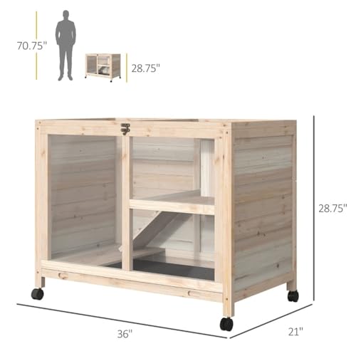 Wooden Rabbit Hutch with Tray, Wheels, Ramp and Openable Roof S329672