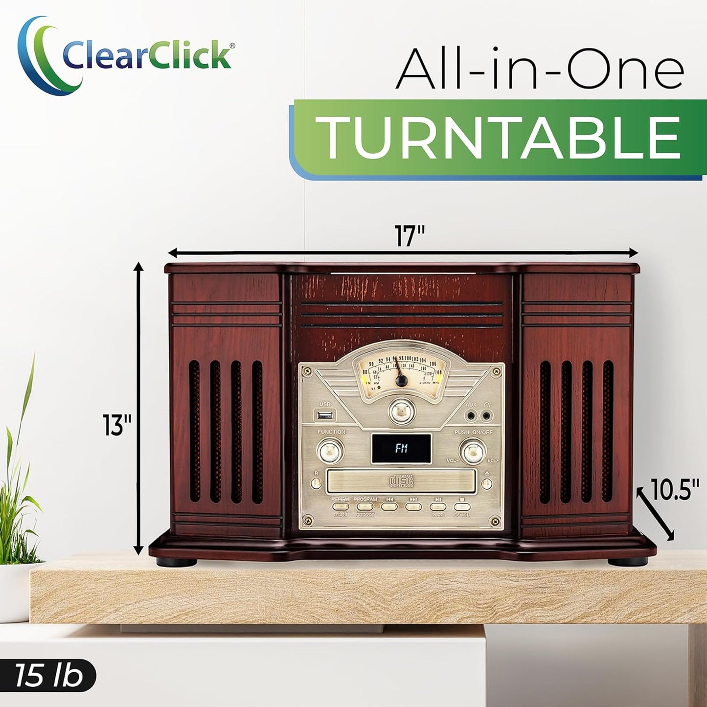 All-in-One Turntable with 3-Speed Record Player, Bluetooth, CD, Cassette, AM/FM Radio, USB V697