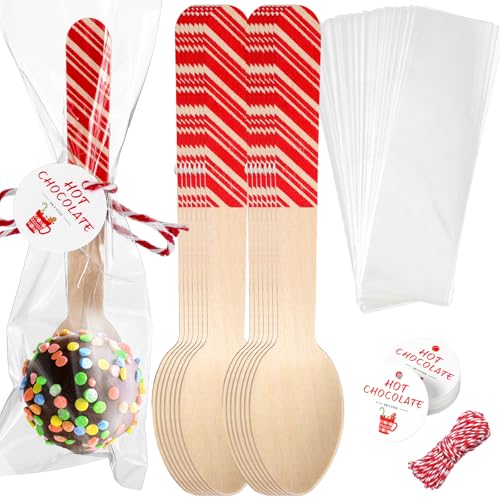 100 Set Christmas Wooden Spoons for Hot Cocoa, Chocolate, and Baking A7471