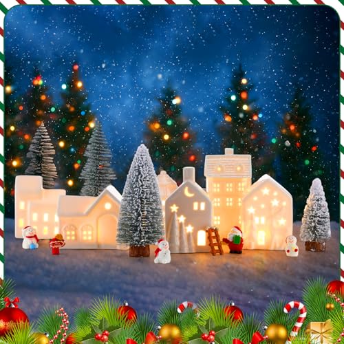 LED Ceramic Christmas Village Set with Light Up Houses and Figurines E593038