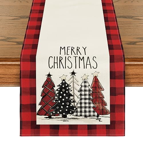 Buffalo Plaid Christmas Trees Table Runner, Winter Holiday Kitchen Dining Decor, 13 x 108 Inch A940