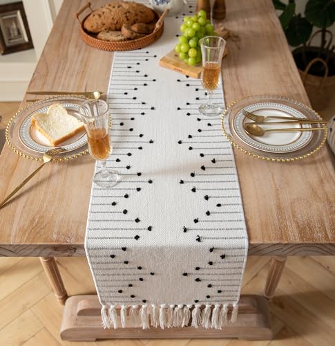 Christmas Table Runner 13 x 90 Inch Natural Cotton Woven with Tassels, Red and Beige U800