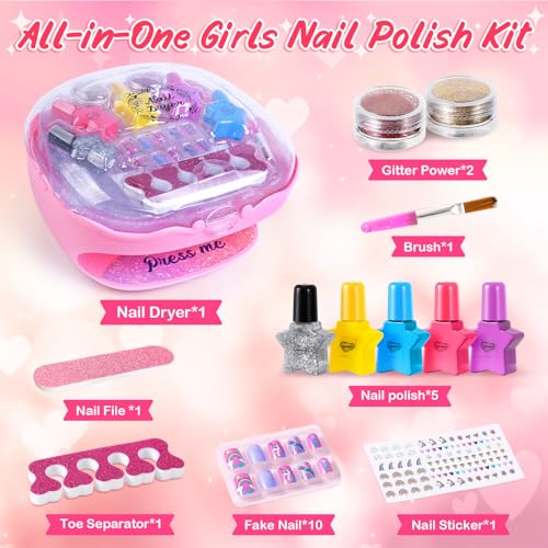 Nail Polish Kit for Girls Ages 7-12, Nail Art Studio with Pink Nail Dryer N565