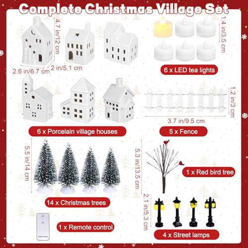 37 Pieces Porcelain Christmas Village Set with 6 Lighted Ceramic Houses and Remote Control LED Tealights B4638