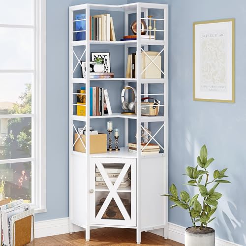 Corner Bookshelf with Storage, 7-Tier Shelf with Doors, White V9182