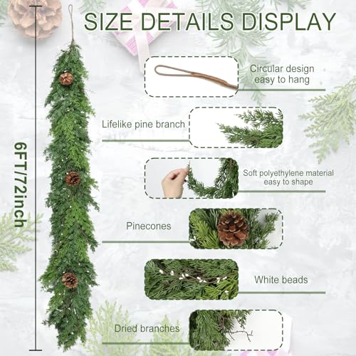 6 ft Christmas Cedar Garland - Realistic Greenery Cypress Artificial Pine Decor K327944