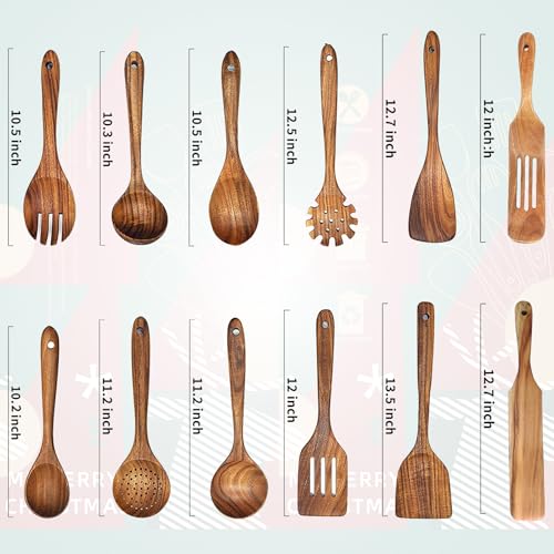 Christmas Wooden Spoons for Cooking, 10 Pcs Natural Teak Kitchen Utensils Set S557967