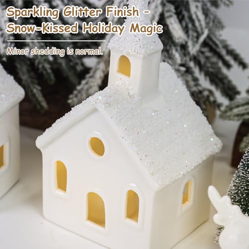 Christmas Village Set with 4 Lighted Ceramic Houses, 2 Trees, 2 Deer & Santa U967