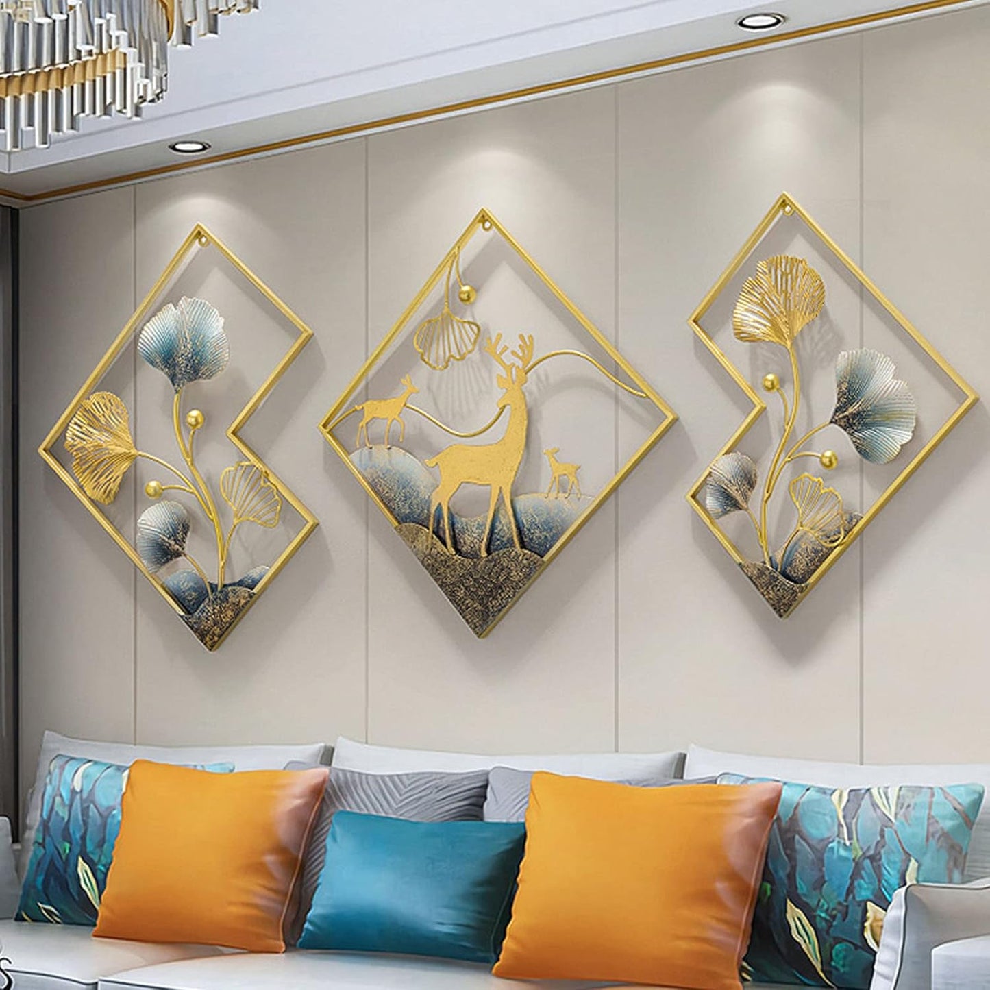 Metal Wall Art Gold Deer 3 Piece Large 3D Ginkgo Leaf 78x27in W631274