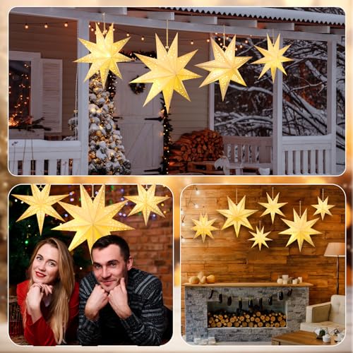 6 Pcs Christmas Paper Star Lanterns with LED Light, Hanging Ornament for Indoor Outdoor Decor E70047