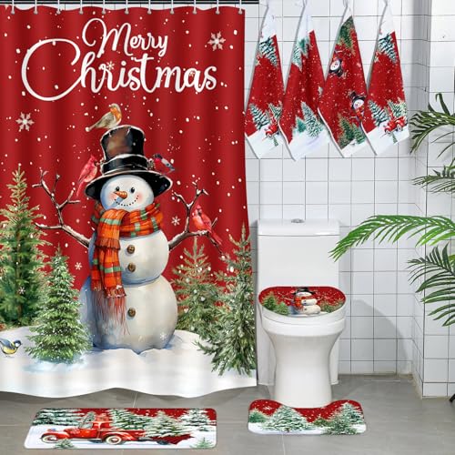 7 Pcs Christmas Shower Curtain Set with Non Slip Rugs, Toilet Cover and Towels U40957